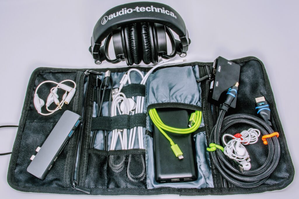 cords and accessories for a portable workspace packed up safely in a protective bag
