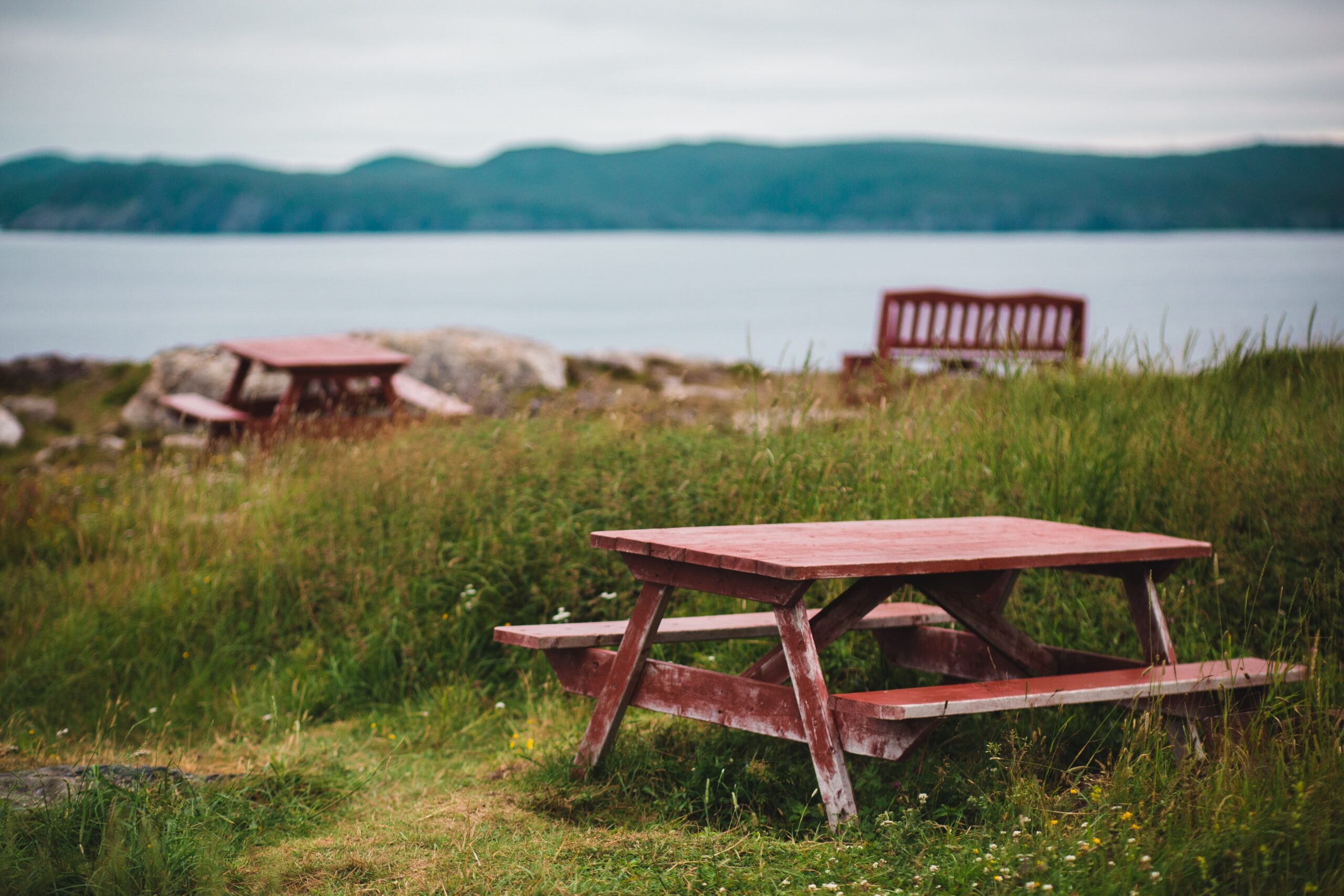 a park picnic bench overlooking some water.