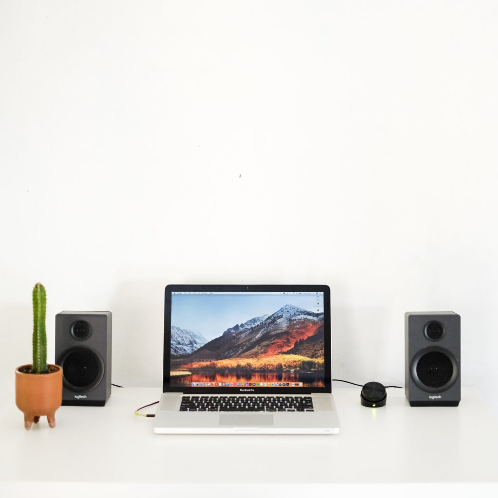 laptop connected to speakers sitting on desk with small cactus plant