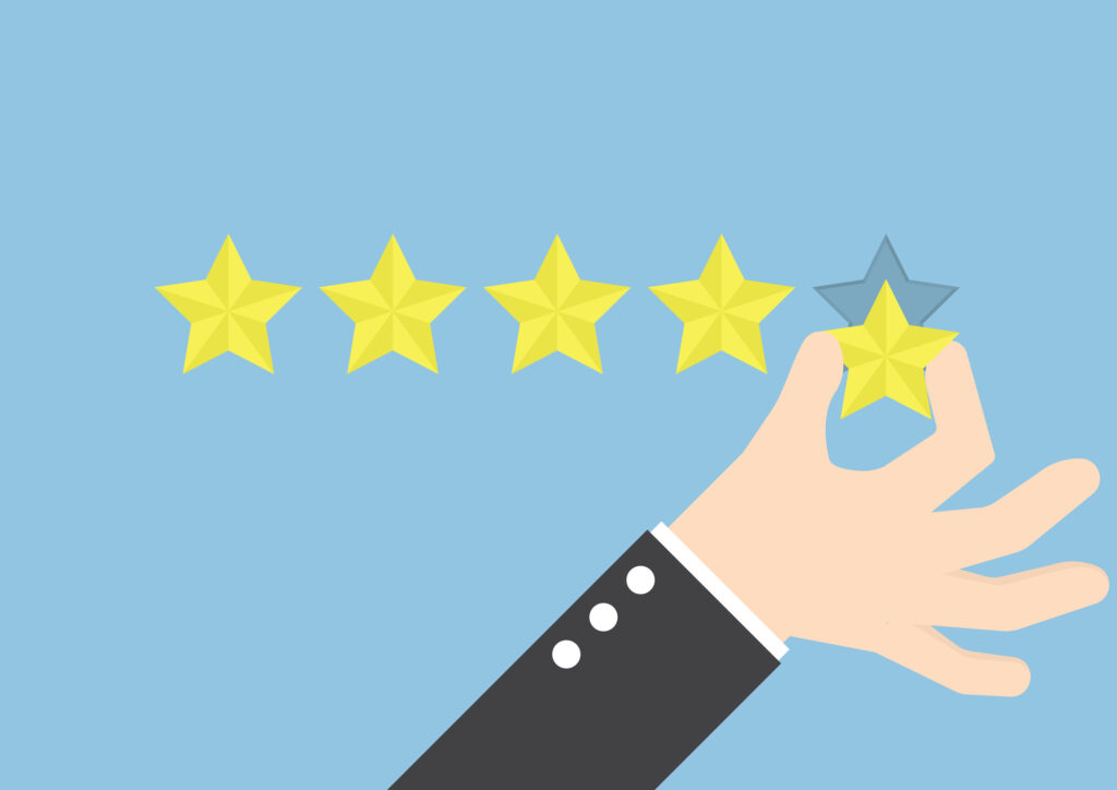 Businessman hand giving five star rating, Feedback concept