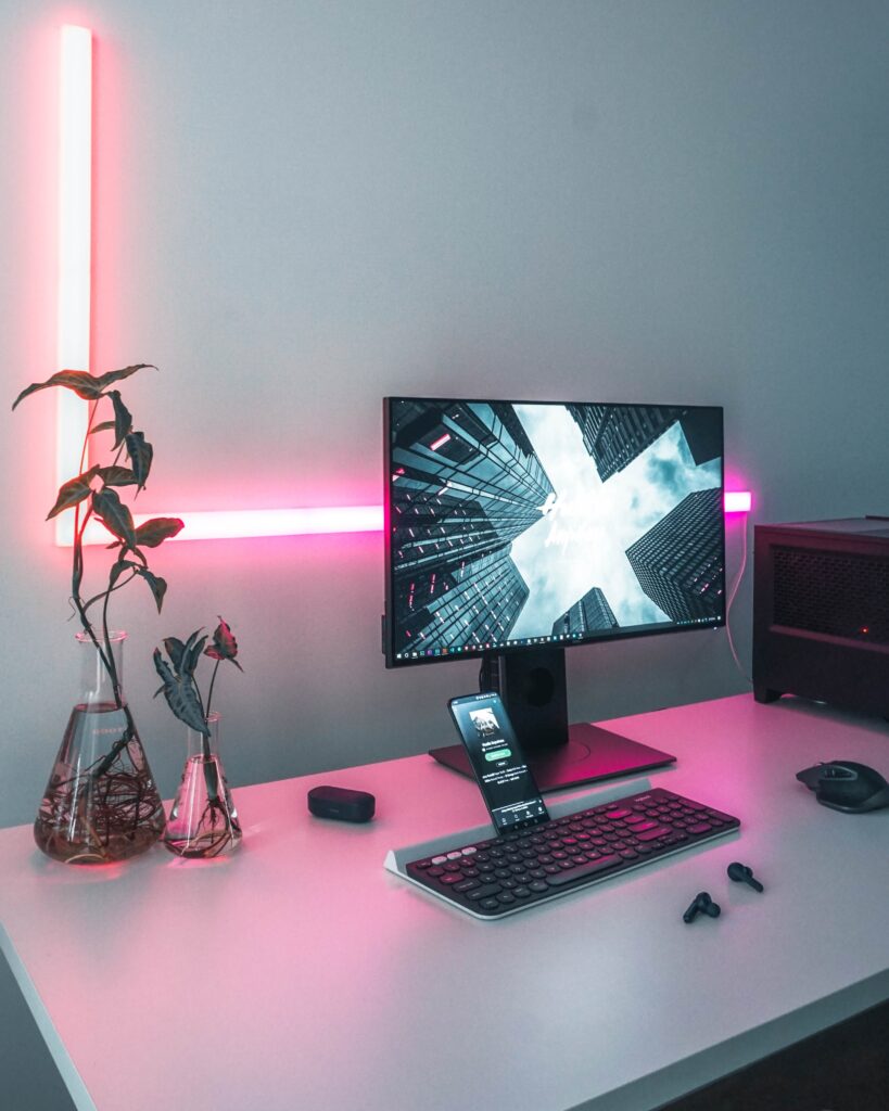 Shot of desk with computer monitor and keyboard