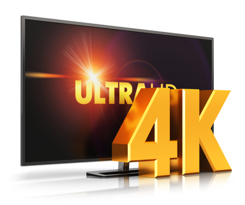 Creative abstract ultra high definition digital television screen technology concept: 4K UltraHD TV or computer PC monitor display isolated on white background with reflection effect