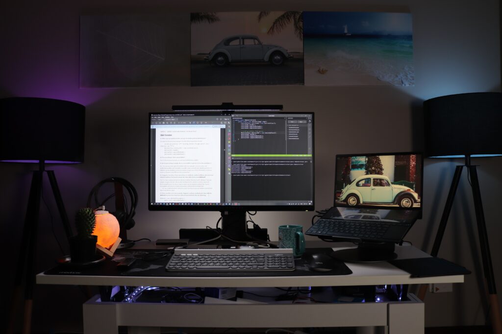 View of full gaming setup sitting on desk