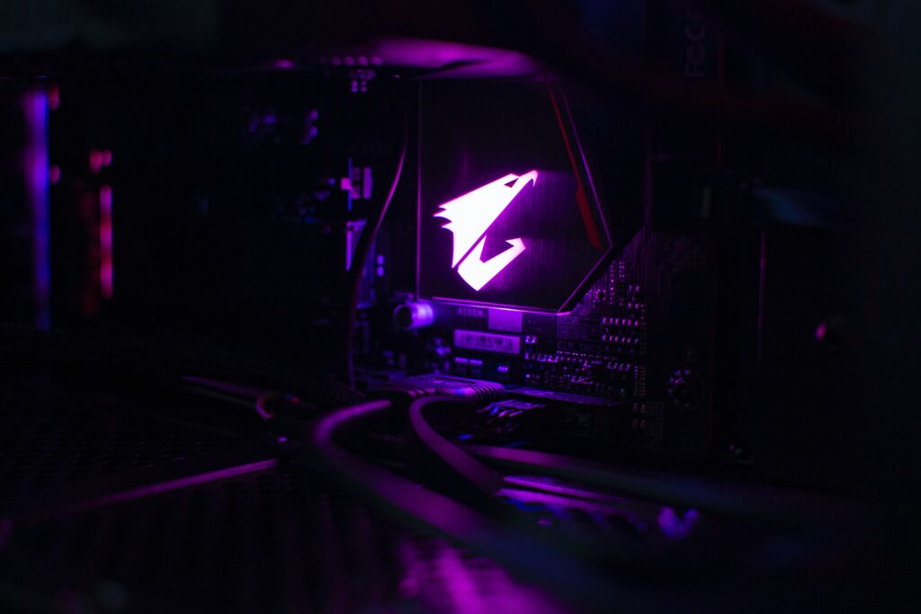 AORUS Computer logo lit up in purple